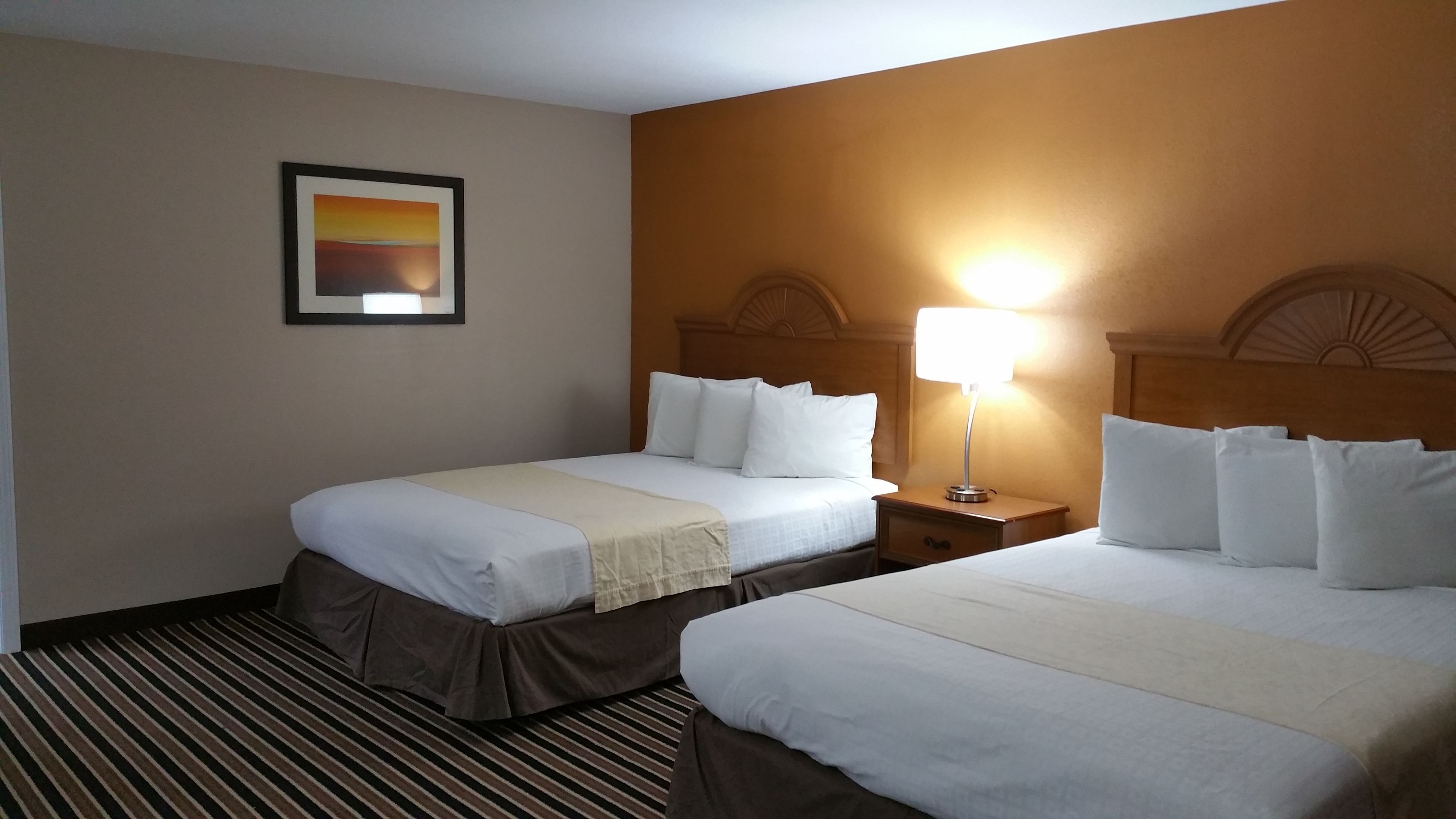 A hotel room with two beds, a nightstand with a lamp, a framed picture on the wall, and a striped carpet.