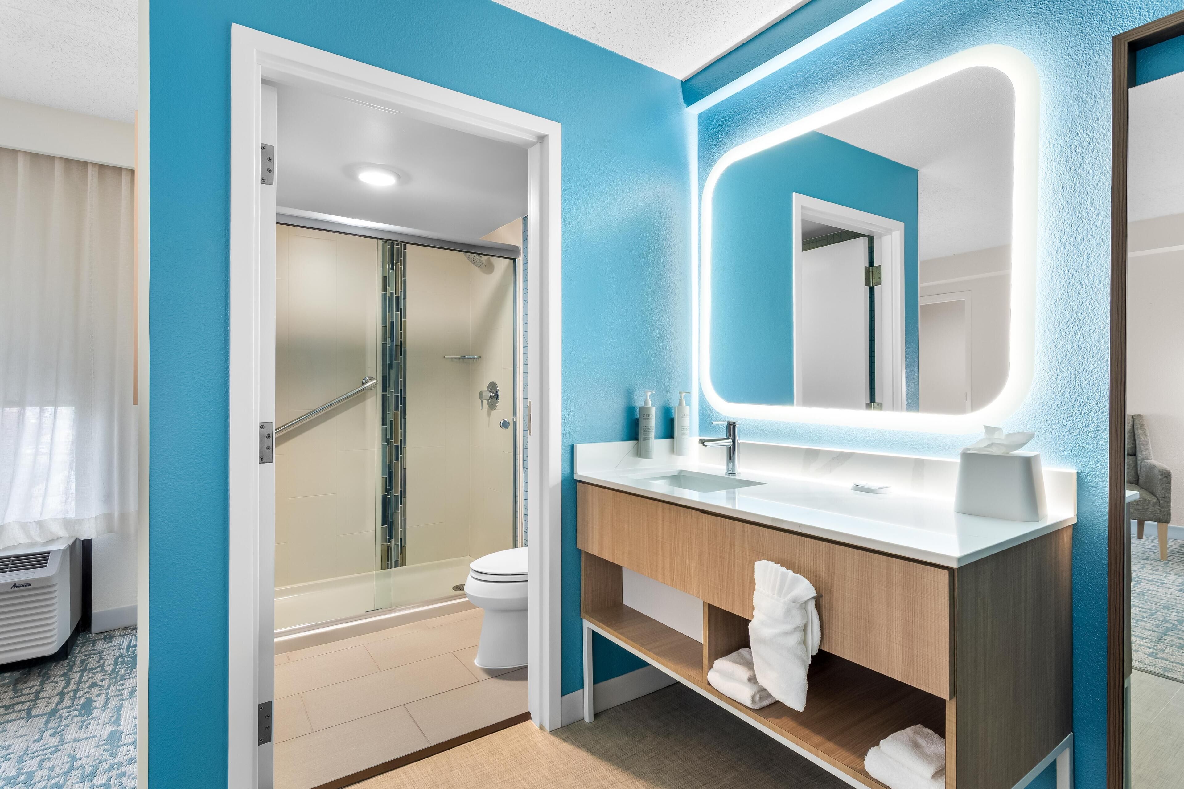 Suite, 1 très grand lit, cuisine | Douche de la salle de bain