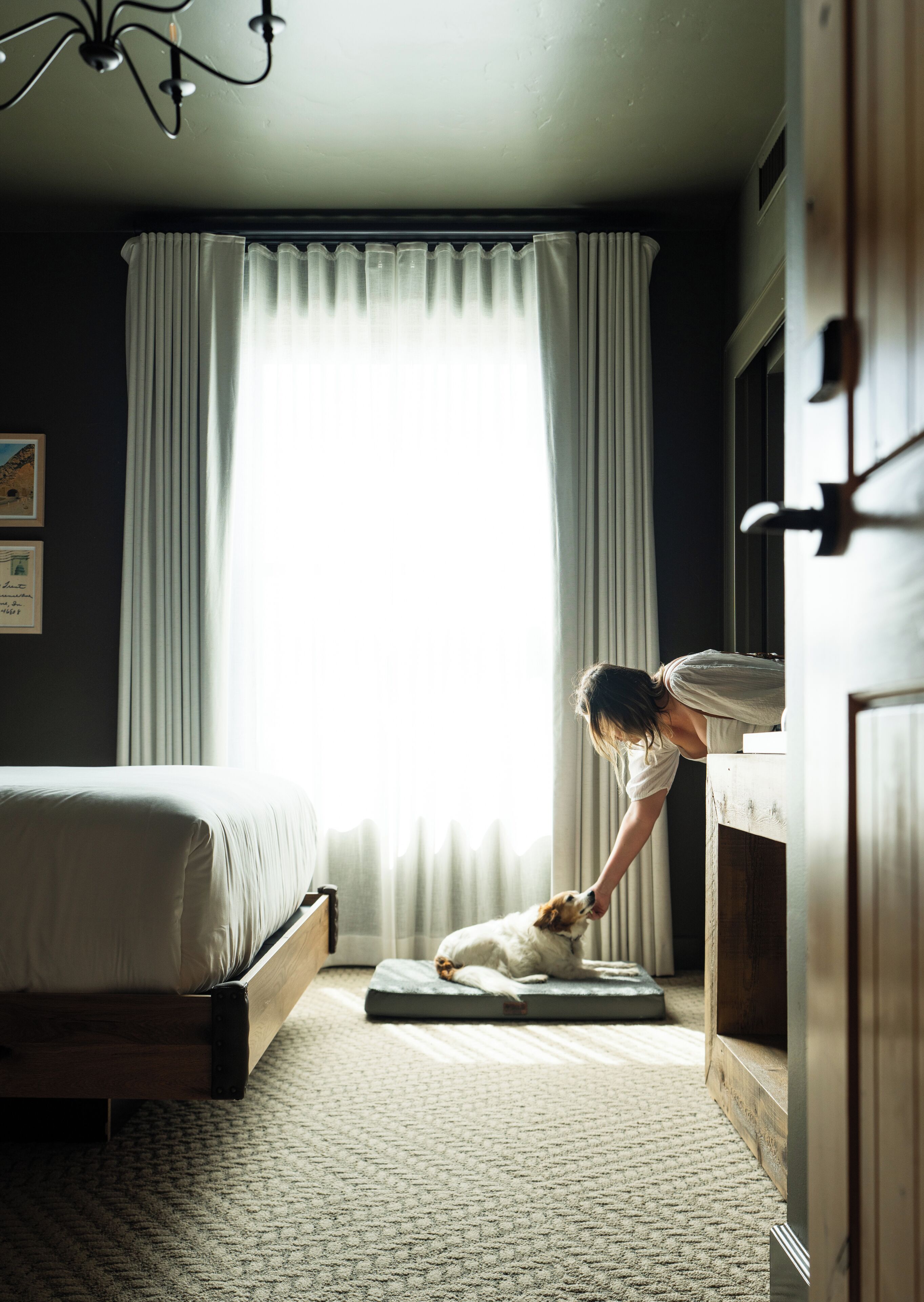 A bedroom with a bed, a standing desk, a window with curtains, and a dog on a mat.