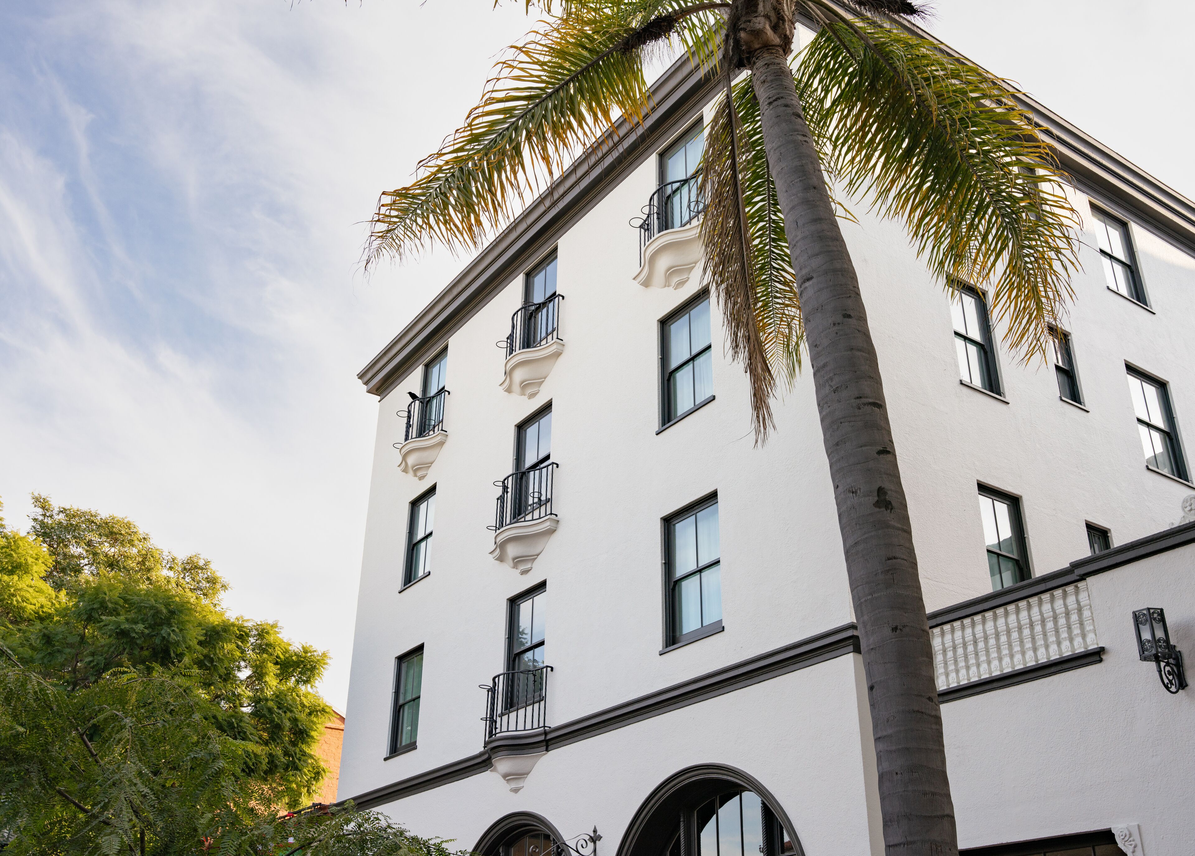 A multi-story building with a white facade, multiple balconies, and a palm tree in front.