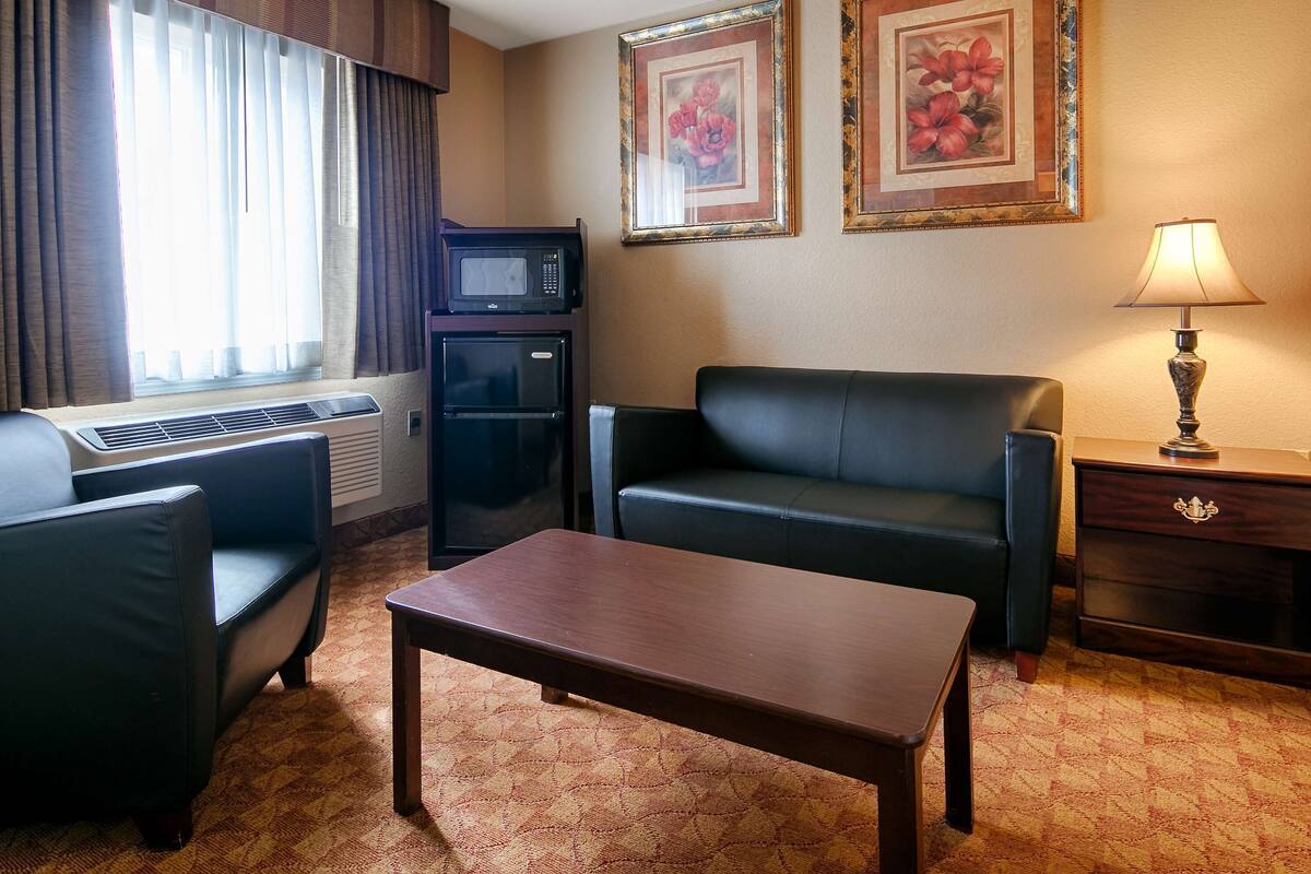 Une chambre d’hôtel équipée d’un canapé, d’une petite table, d’une télévision, d’un réfrigérateur et d’une lampe.