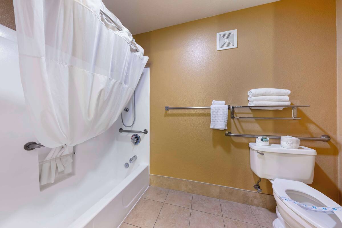 standard room, 1 king bed, non smoking, refrigerator & microwave (pet friendly) | bathroom | combined shower/bathtub, eco-friendly toiletries, hair dryer, towels