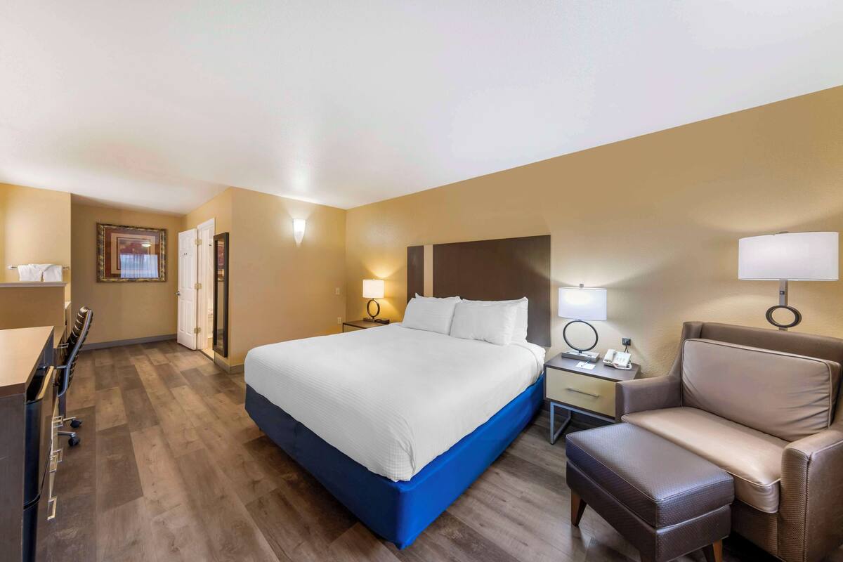 Une chambre d’hôtel avec un grand lit, un bureau, une chaise et une petite table avec une lampe.