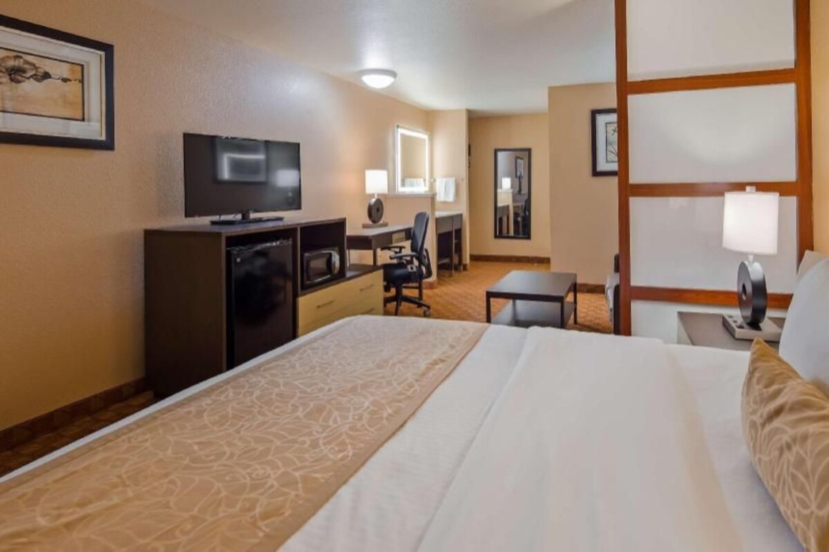 Een hotelkamer met een bed, een bureau, een televisie en een spiegel.