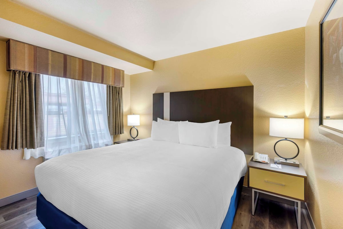 Une chambre d’hôtel avec un grand lit, deux tables de chevet avec des lampes, une tête de lit et une fenêtre avec des rideaux.