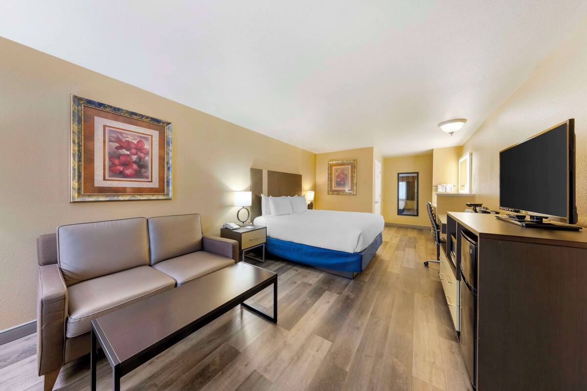 Une chambre d’hôtel équipée d’un canapé, d’un lit, d’un bureau, d’une télévision et décorée avec des œuvres d’art aux murs.