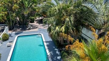 Ein Pool auf dem Dach, umgeben von üppigen tropischen Pflanzen und einem modernen Gebäude mit Bogenfenstern.