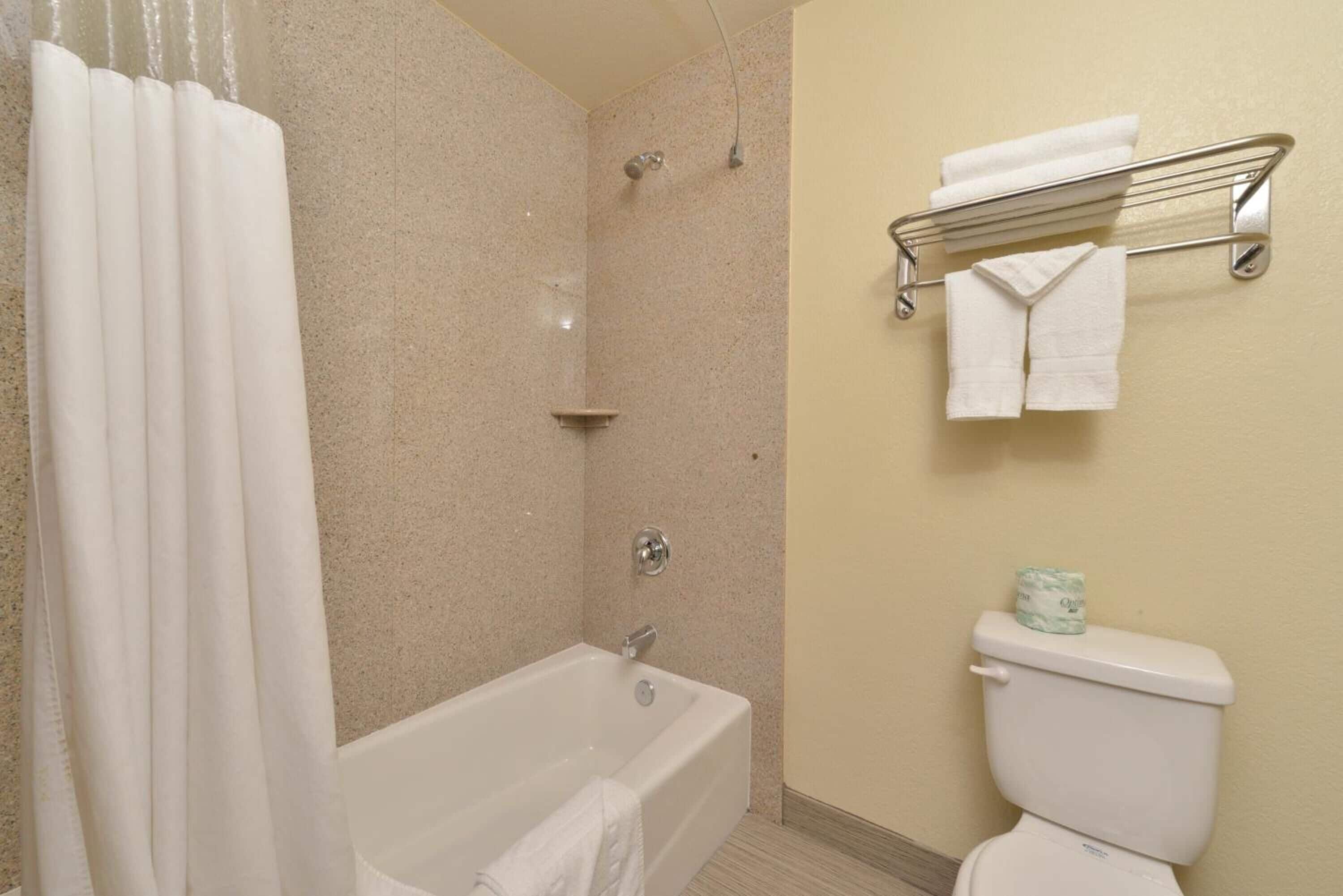 A bathroom with a bathtub, shower, and toilet. There is a towel rack with towels and a toilet paper holder on the wall.