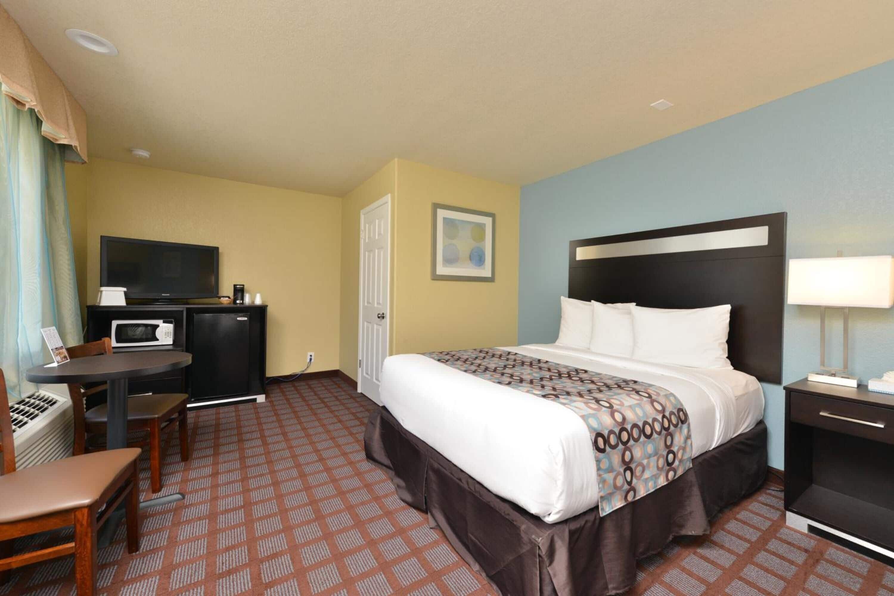 A hotel room with a bed, a desk with a chair, a microwave, a television, and a nightstand with a lamp.