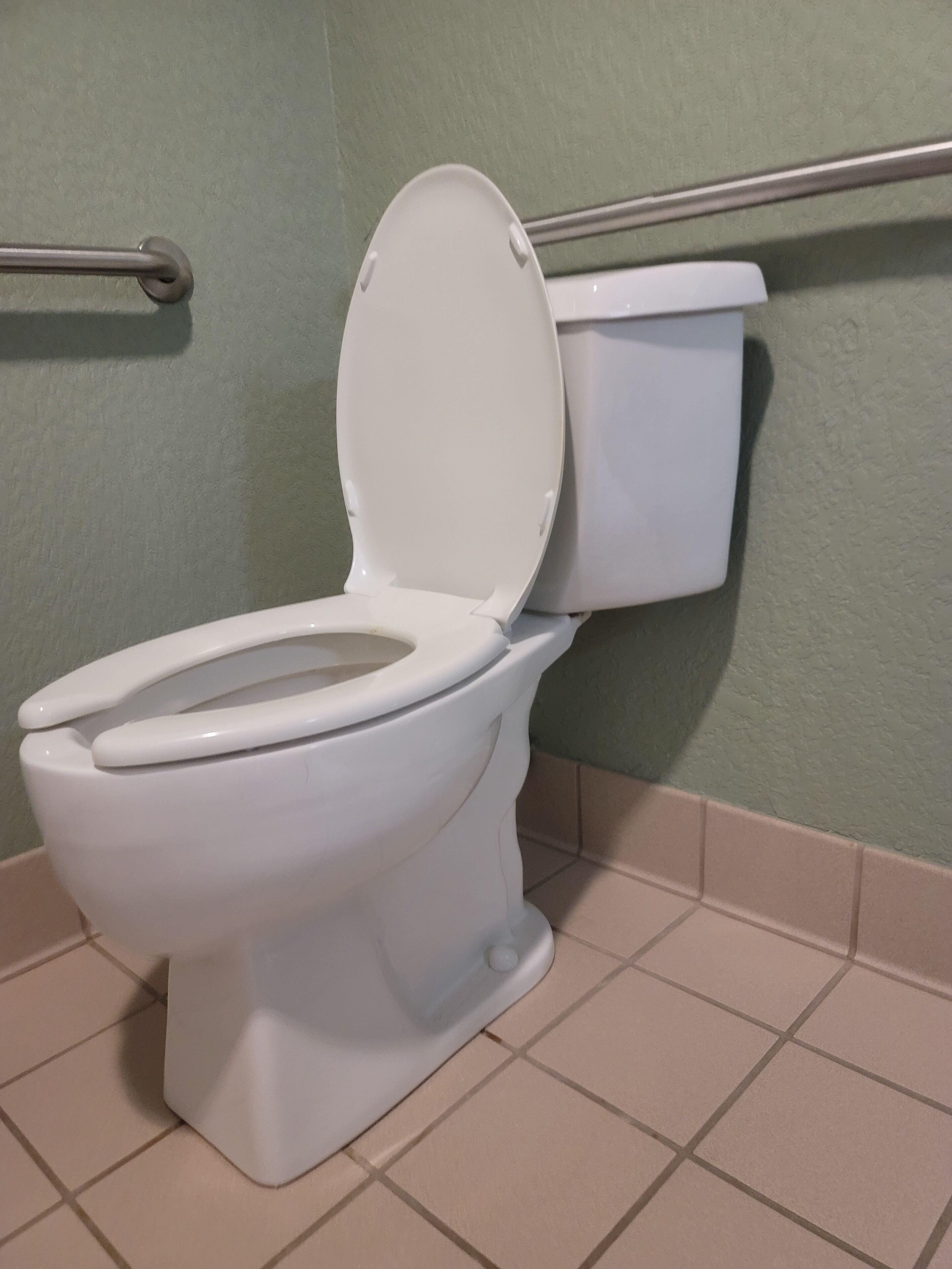 En vit toalett med ett förhöjt säte och en cistern, placerad bredvid ett handräcke och en grön vägg.