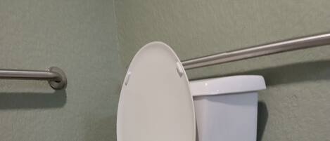 En vit toalett med ett förhöjt säte och en cistern, placerad bredvid ett handräcke och en grön vägg.