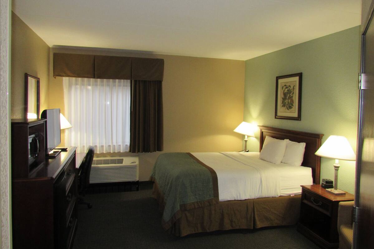 A hotel room with a bed, two bedside lamps, a TV, a desk, and a window with curtains.