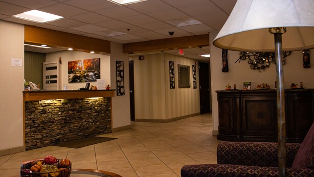 A hotel lobby with a reception desk, a stone wall, patterned chairs, and a lamp.