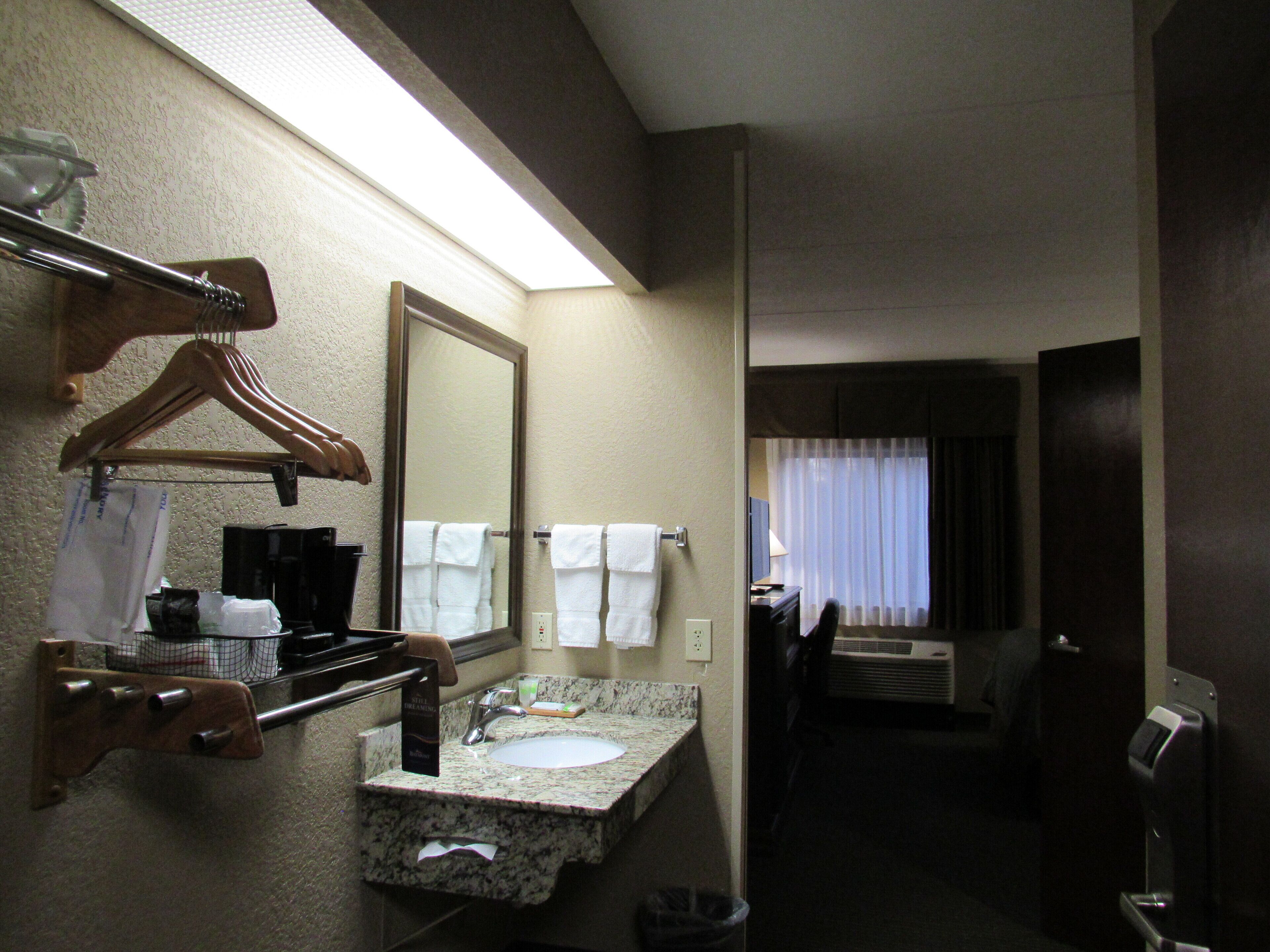 Un baño de hotel con lavamanos, espejo, toallero y perchero.