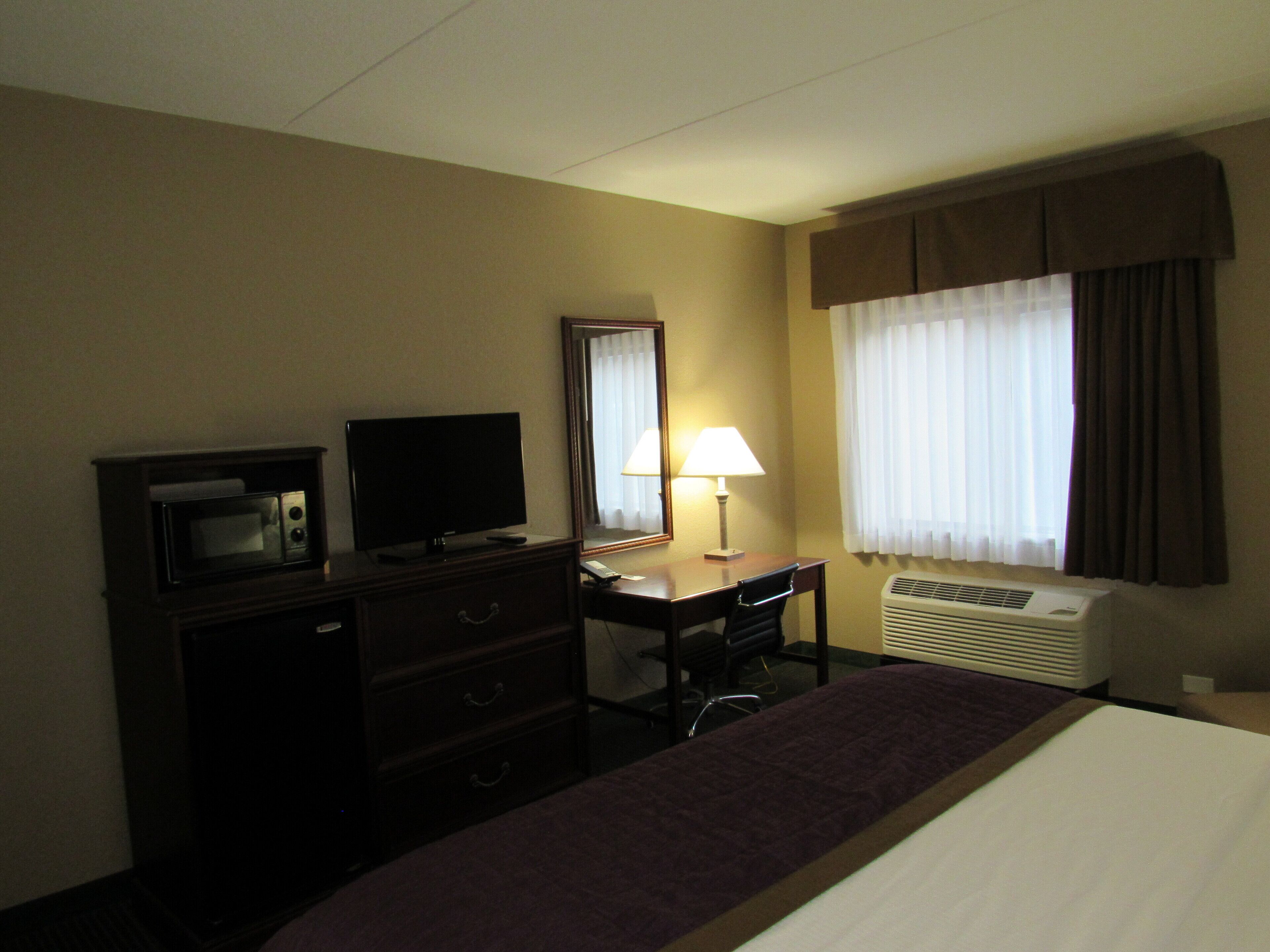 Une chambre d’hôtel équipée d’un lit, d’un bureau avec une lampe, d’une télévision, d’un four à micro-ondes et d’un appareil de climatisation.
