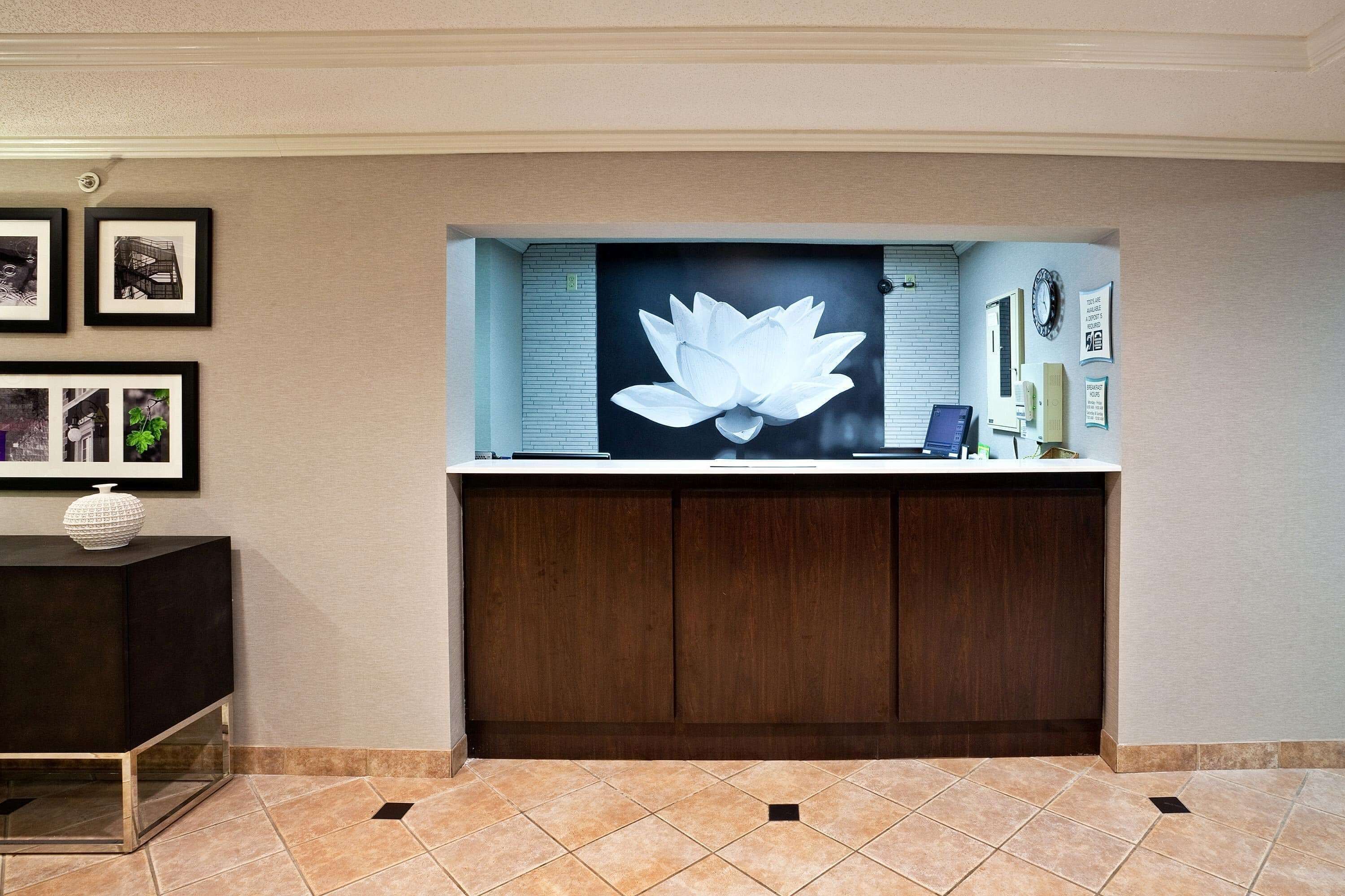 A reception area with a large white lotus artwork, framed pictures on the wall, and a modern reception desk.