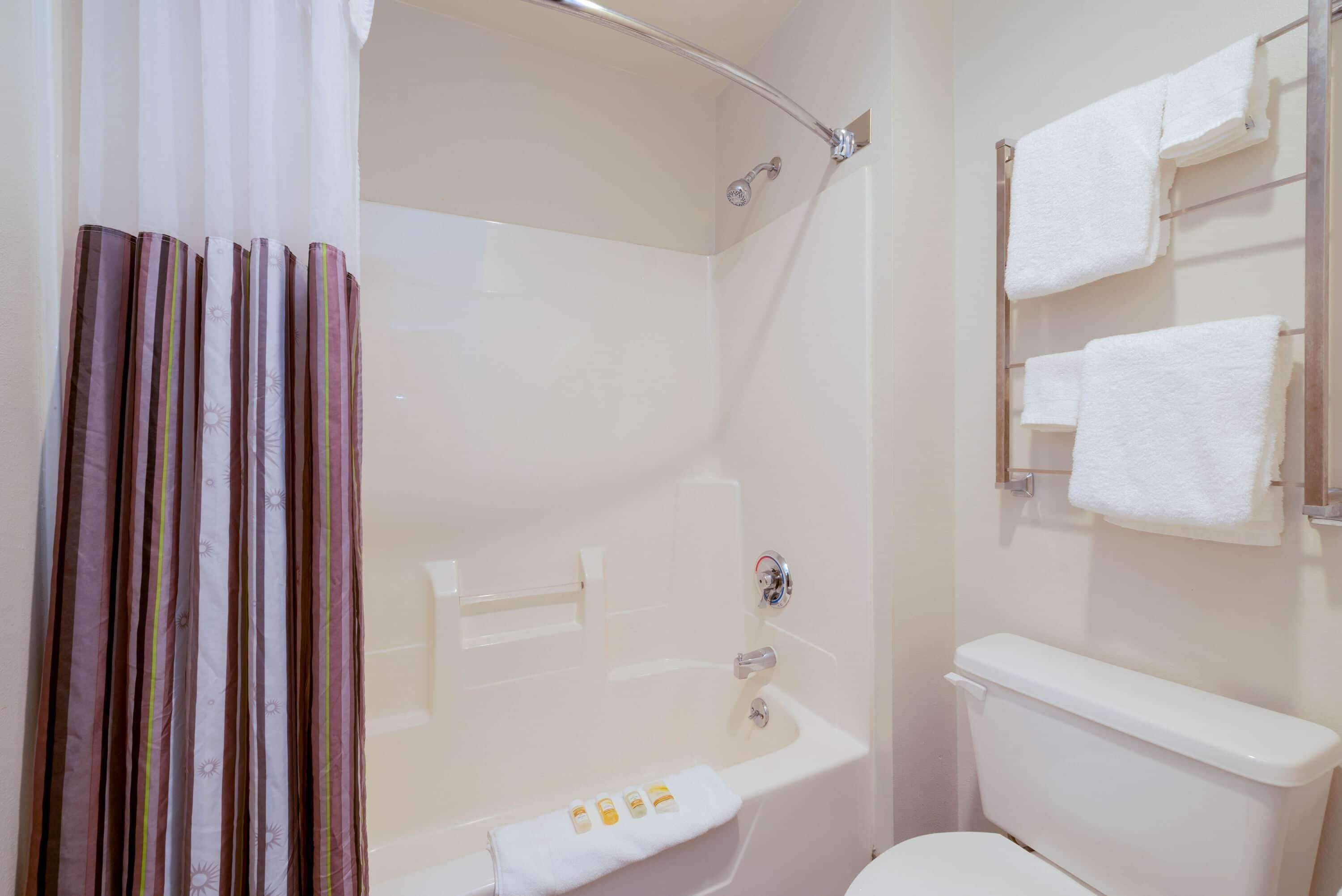 Une salle de bain avec une baignoire, des toilettes et un rideau de douche.