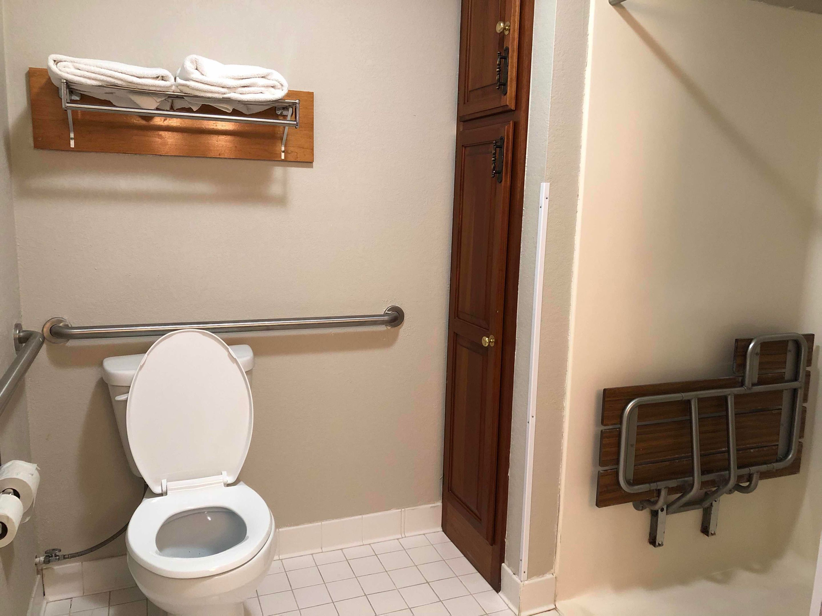 A bathroom with a toilet, a towel rack, a grab bar, and a wooden door.