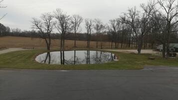 A parking lot with a small pond surrounded by trees and a grassy area.