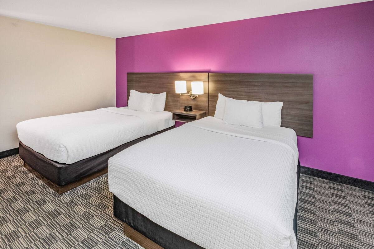 Ein Hotelzimmer mit zwei Betten, einem Nachttisch mit Lampe und einer Wand in Lila.