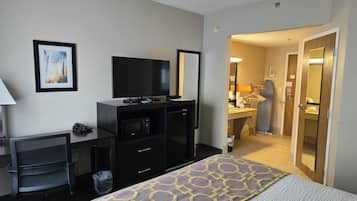 Desk, blackout curtains, soundproofing, iron/ironing board