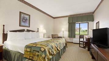 Une chambre d’hôtel avec un grand lit, un bureau avec une télévision, une chaise et une fenêtre donnant sur un paysage verdoyant.