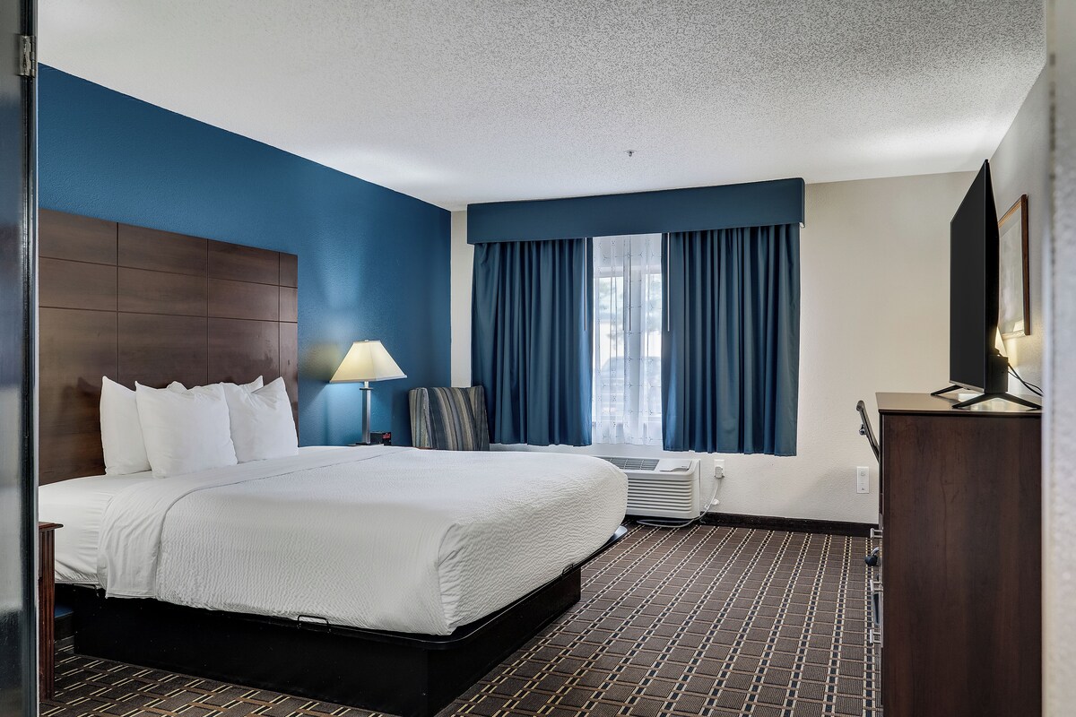 A hotel room with a large bed, a desk, a chair, a window with curtains, and a television.