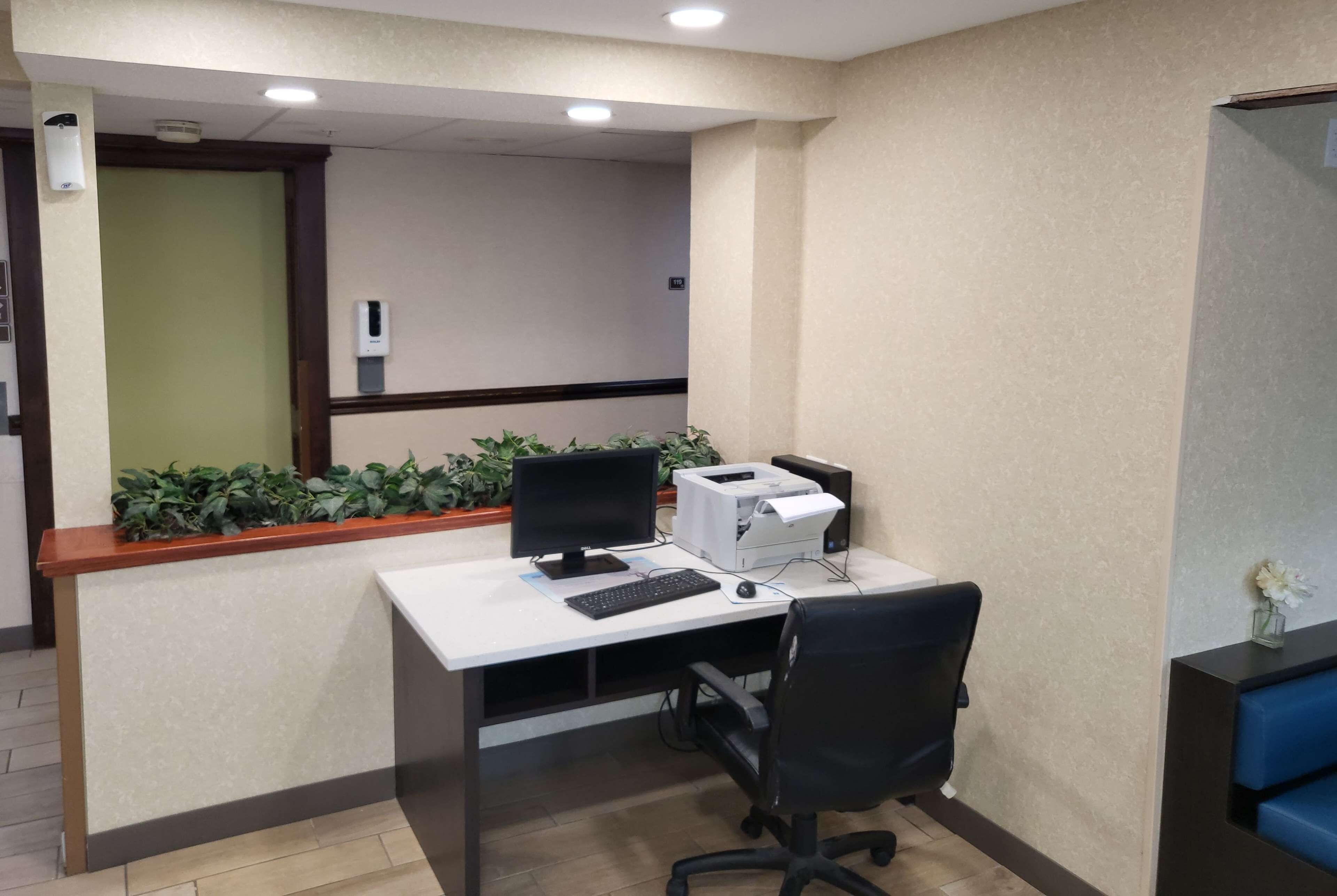 A reception desk with a computer, printer, and a plant.