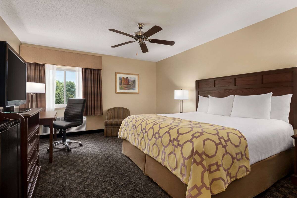 Ein Hotelzimmer mit Bett, Schreibtisch, Stuhl, Deckenventilator und einem Gemälde an der Wand.