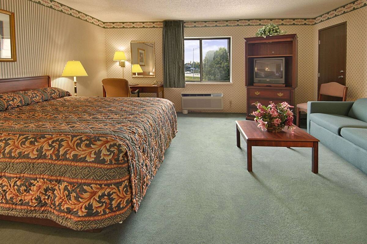 A hotel room with a large bed, a desk with a lamp, a television, a sofa, and a window with a view of trees.
