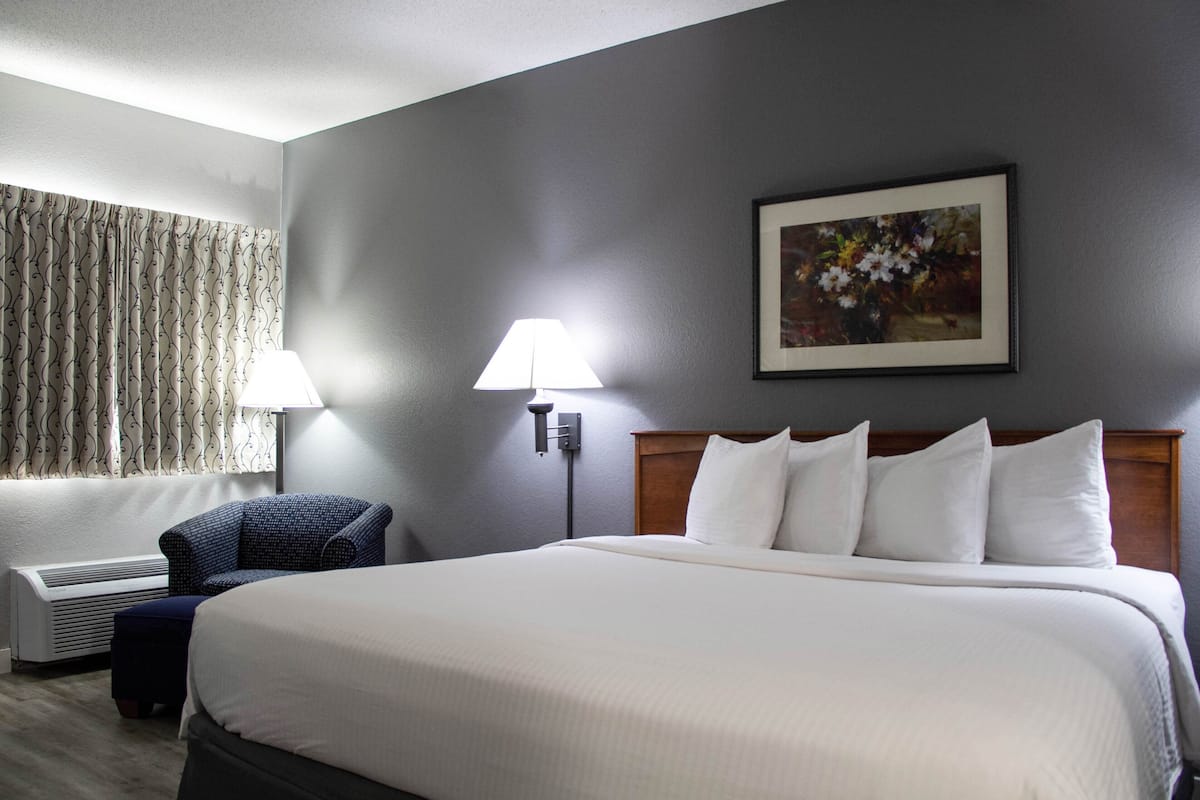 A hotel room with a large bed, a chair, a lamp, and a painting on the wall.