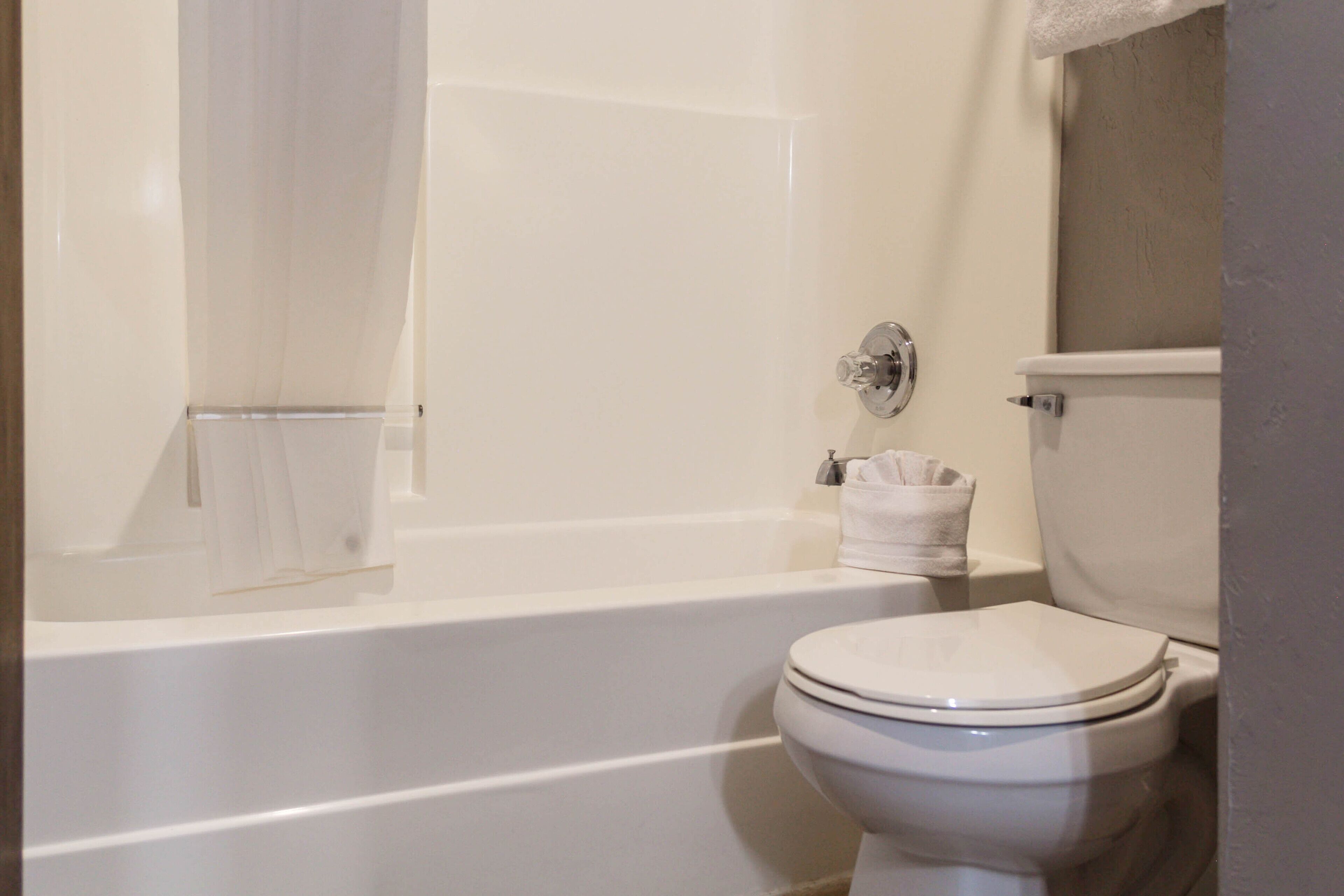 A bathroom with a toilet, a bathtub, and a shower curtain.