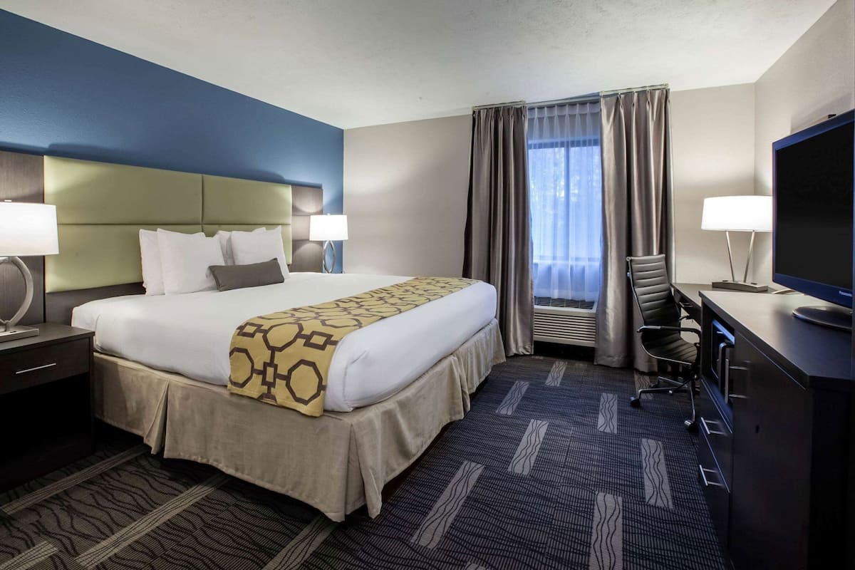 Une chambre d’hôtel avec un lit, un bureau, une télévision et une fenêtre avec des rideaux.