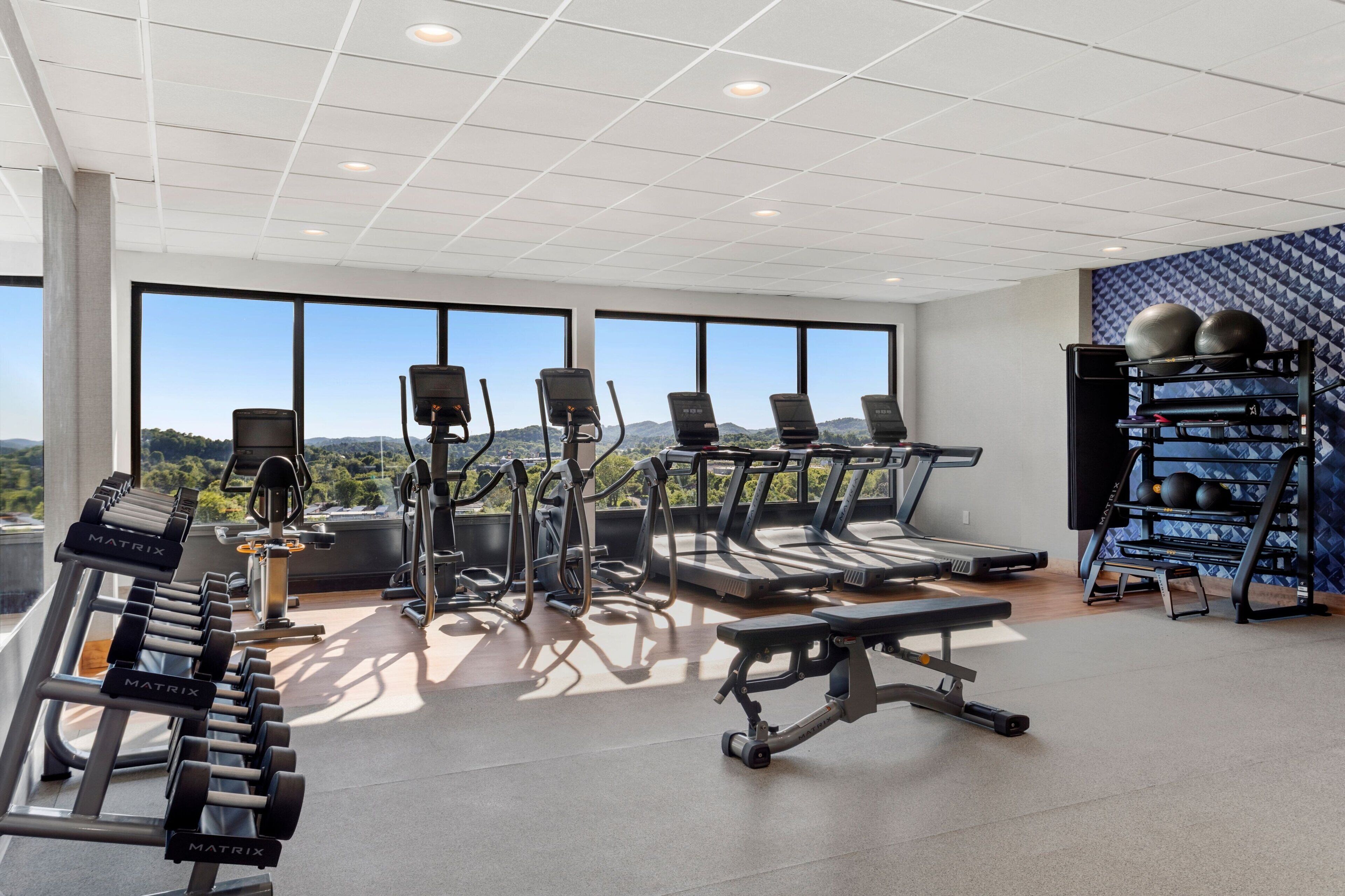 A gym with treadmills, elliptical machines, and weight machines.