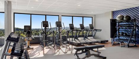 A gym with treadmills, elliptical machines, and weight machines.