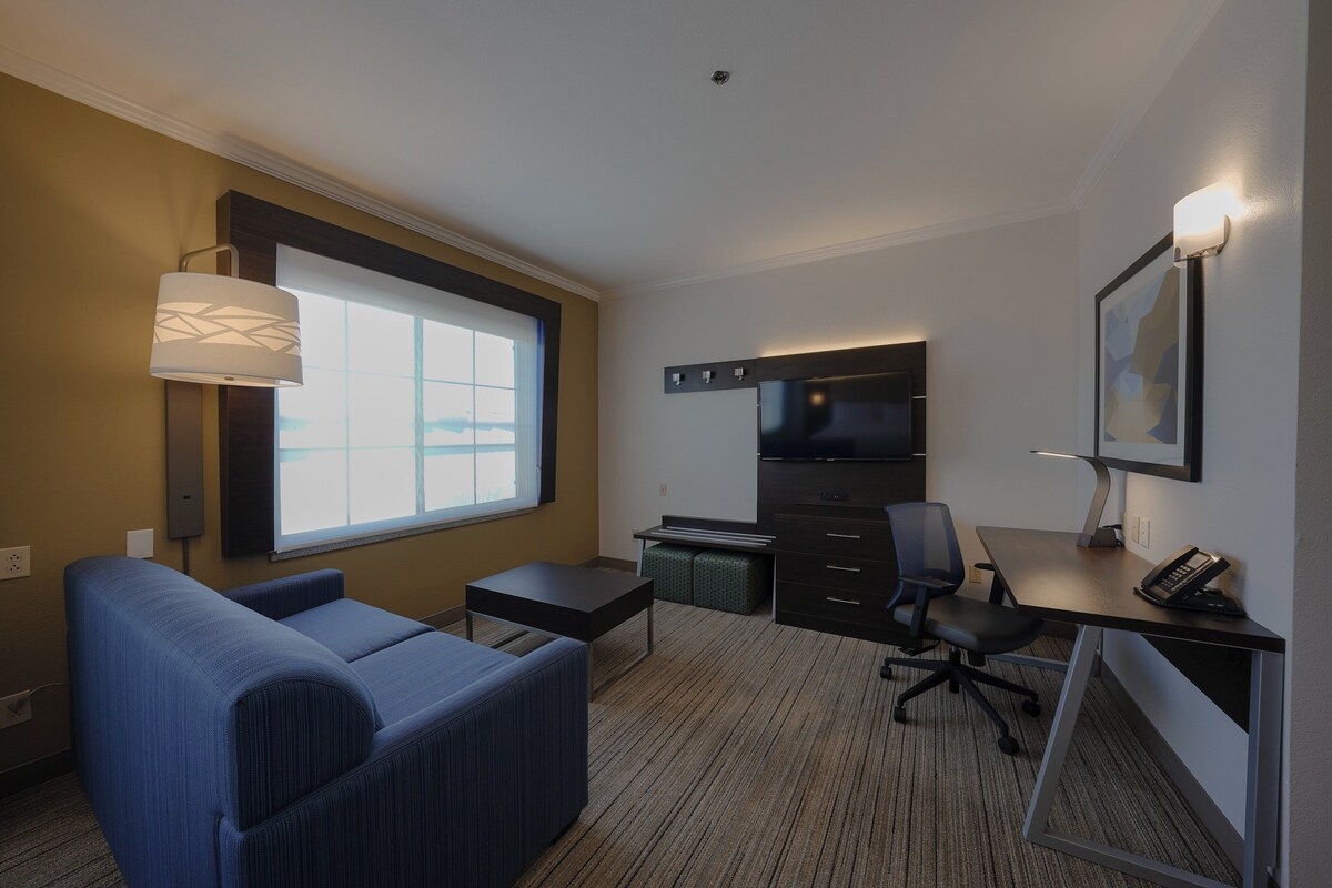 A hotel room with a sofa, desk, TV, and a window.