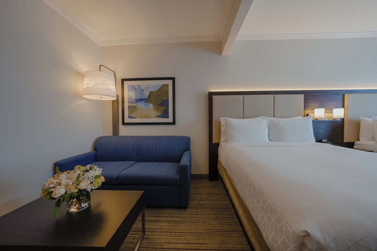 A hotel room with a bed, a sofa, a nightstand, a lamp, and a framed picture on the wall.