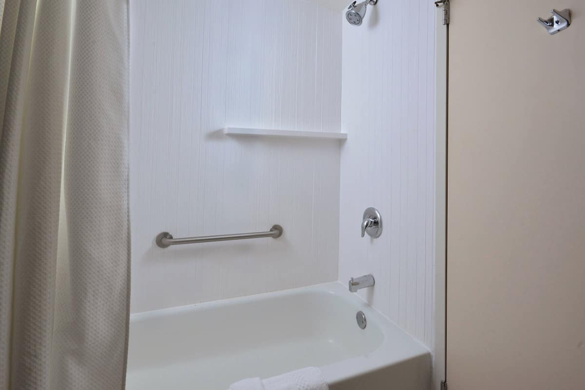 combined shower/bathtub, hair dryer, towels