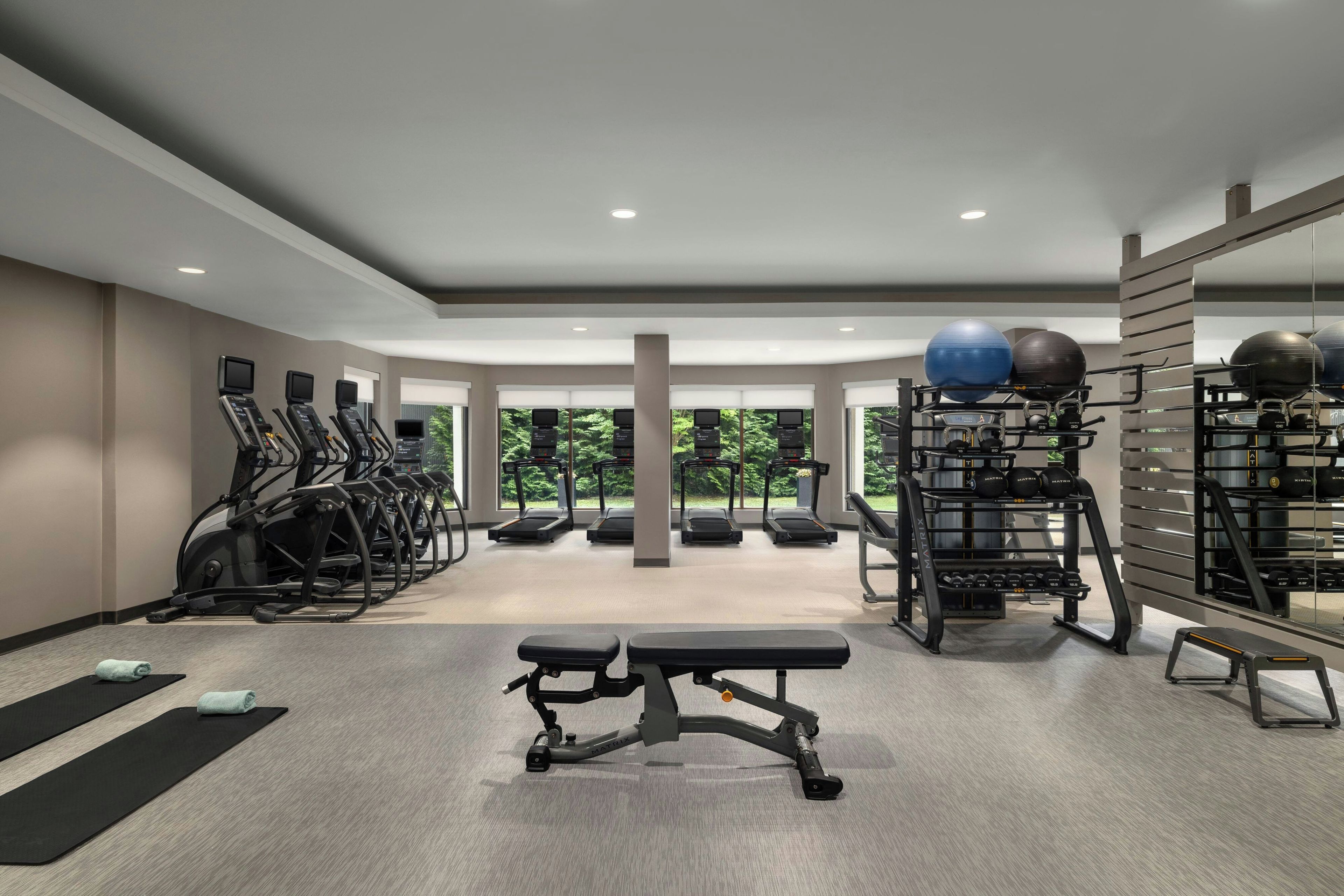 A gym with treadmills, a bench, and exercise balls.