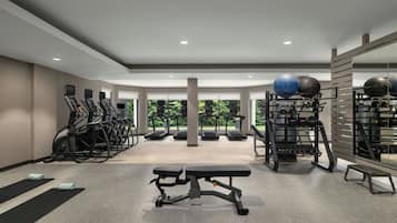 A gym with treadmills, a bench, and exercise balls.