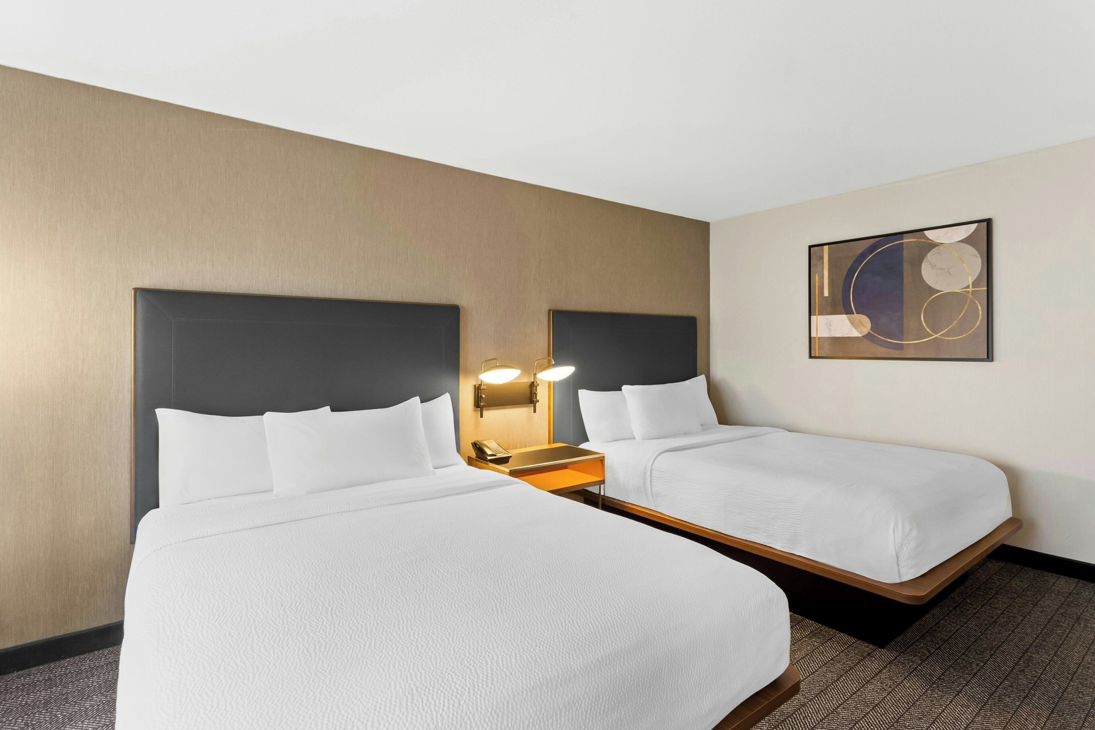 hypo-allergenic bedding, desk, blackout curtains, iron/ironing board