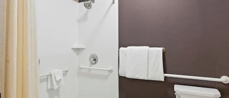 Un baño con ducha, inodoro y barra para toallas.