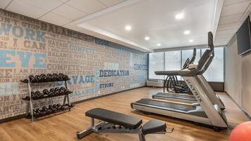 A gym with treadmills, dumbbells, and a bench.
