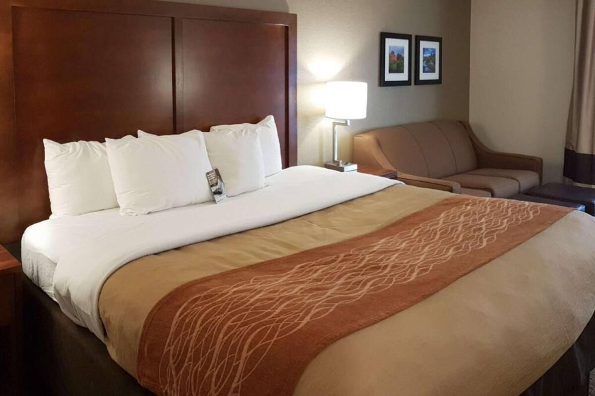 Habitación de hotel con una cama grande, una mesita de noche, una lámpara, una silla y dos cuadros en la pared.