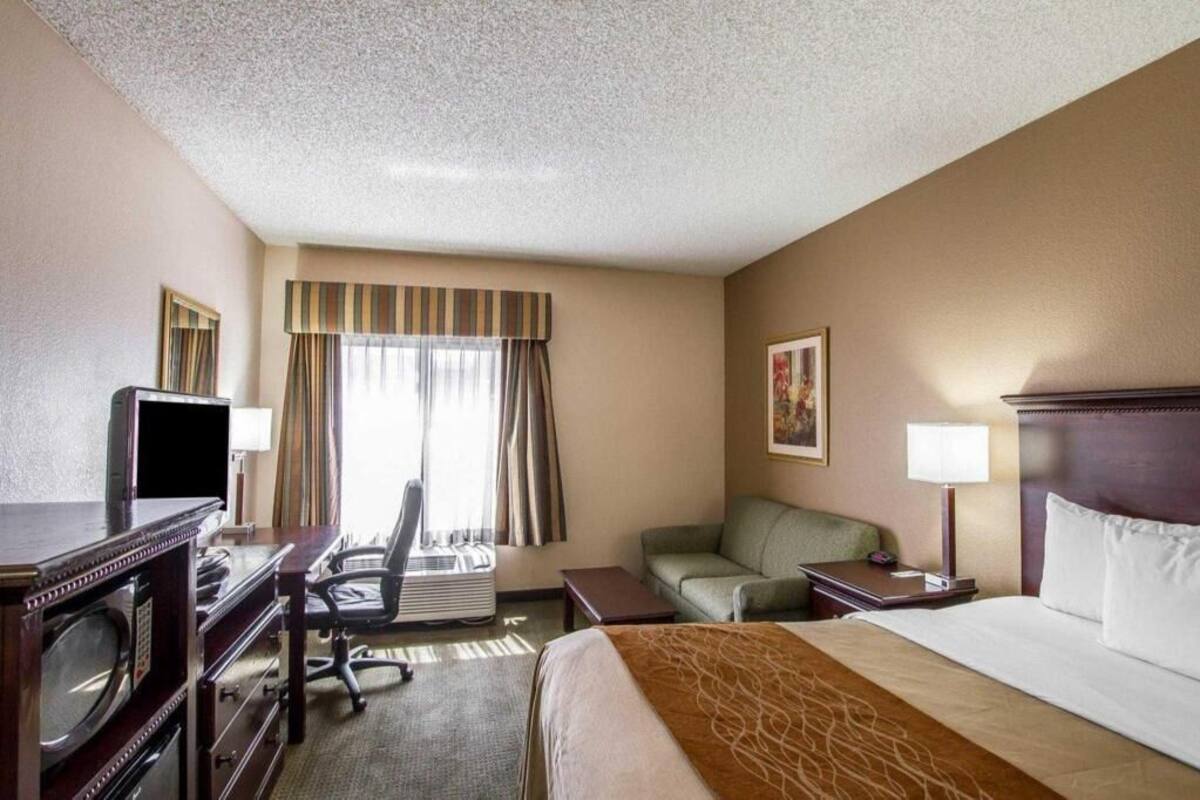 Habitación de hotel con cama, escritorio con computadora, silla, sofá, televisión y ventana con cortinas.