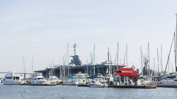 A marina with multiple boats docked, a small red-roofed building, and a large ship in the background.