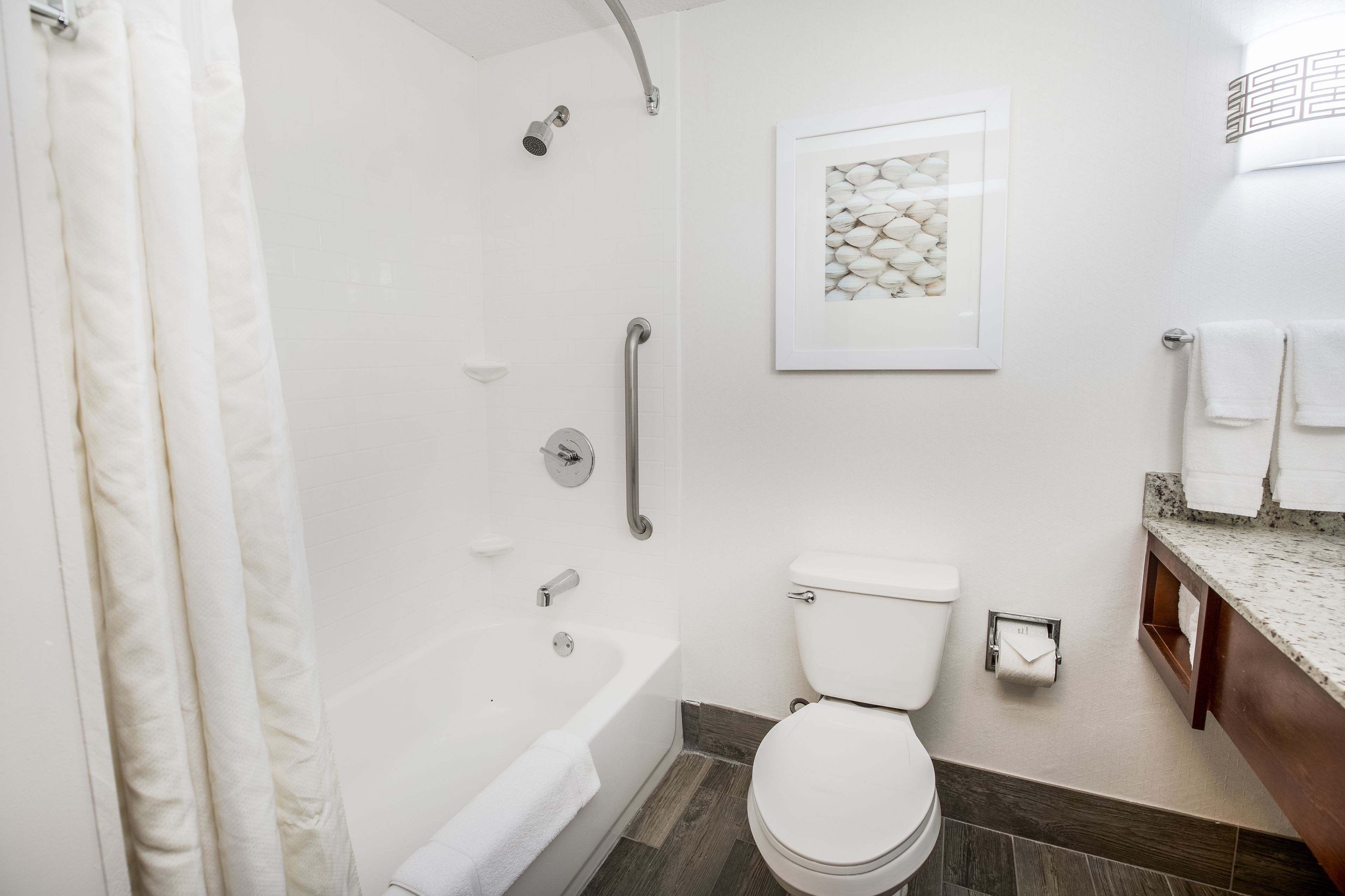 A modern bathroom with a bathtub, toilet, and shower.
