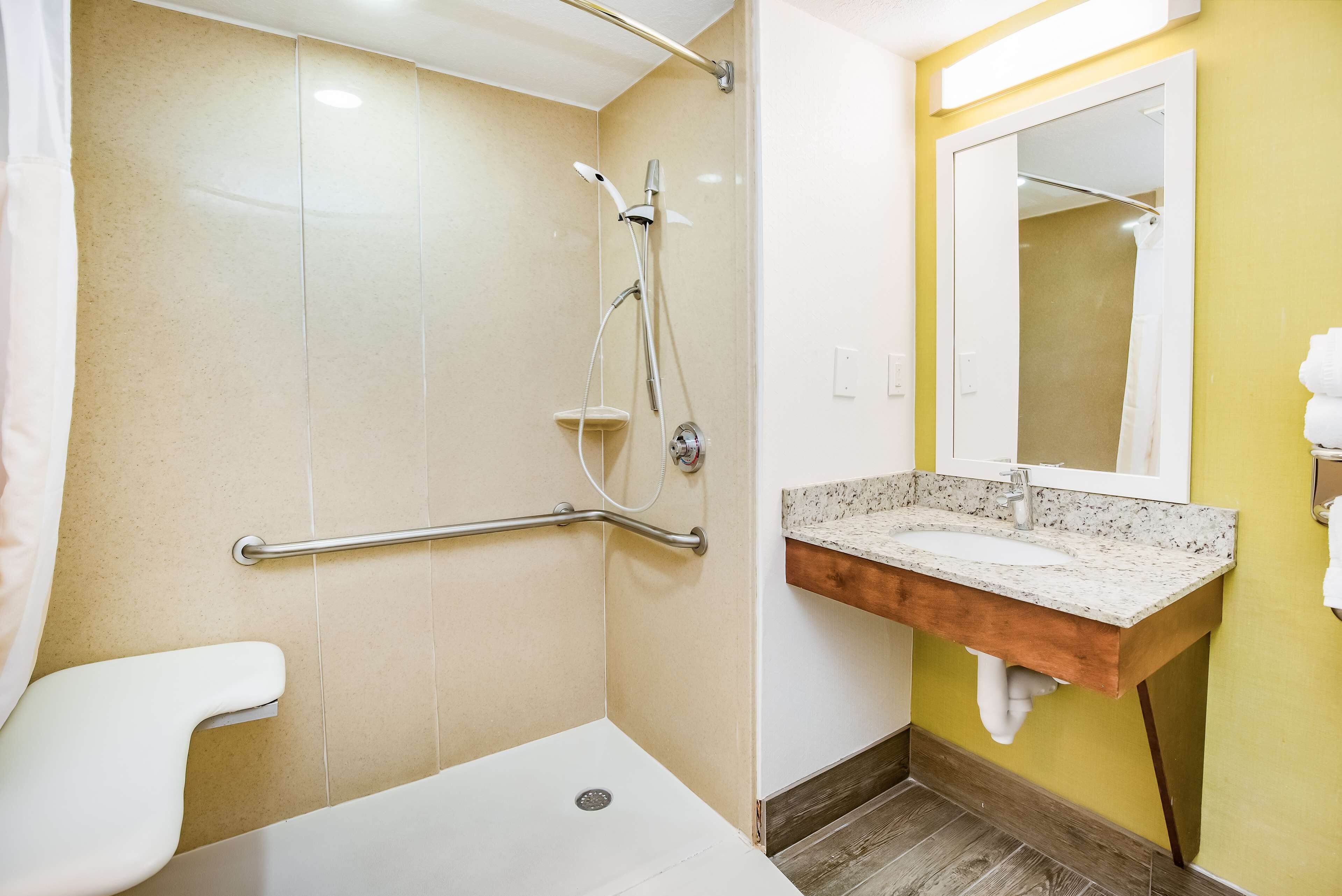 A bathroom with a shower, a toilet, and a sink with a mirror.