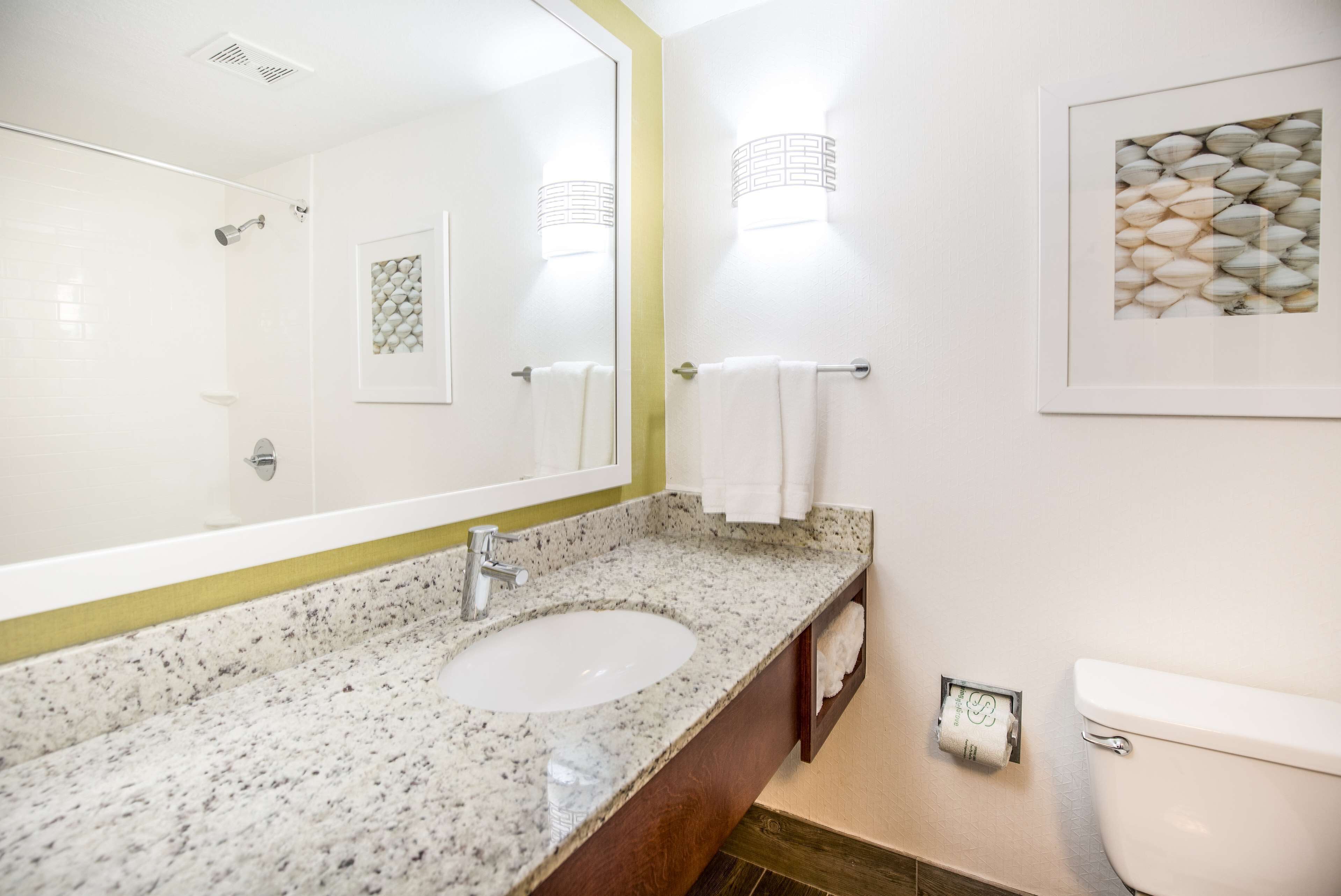 Une salle de bain avec un lavabo doté d’un plan de travail en granit, un grand miroir, des toilettes et une œuvre d’art encadrée accrochée au mur.