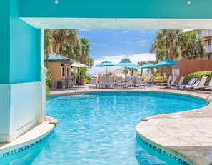 Indoor pool, outdoor pool, pool umbrellas, sun loungers